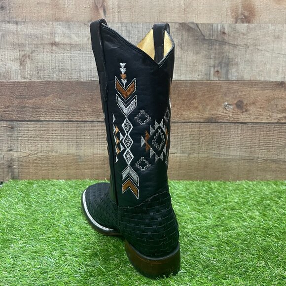 Women's Western Rodeo Cowgirl Black Square Toe Genuine Leather Handwoven Boots - Picture 2 of 8